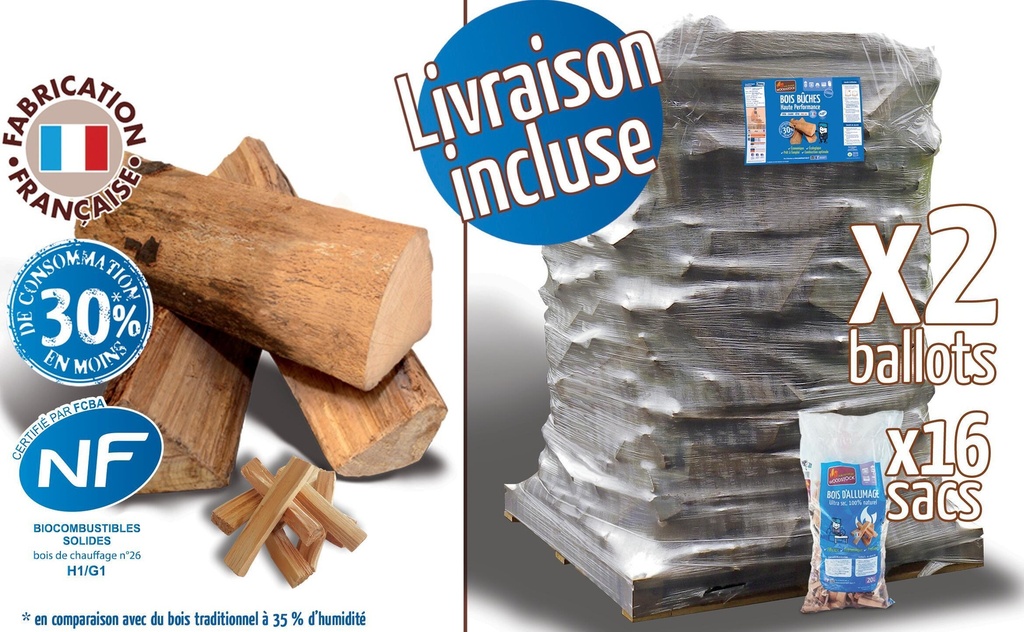 Bûches 25 cm 3.78m³ 6.30 stères + 16 sacs bois d’allumage